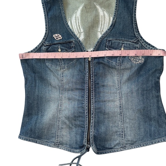 HARLEY DAVIDSON WOMENS DENIM JEAN ANGEL WING RHINESTONE VEST JACKET LARGE - Picture 8 of 9